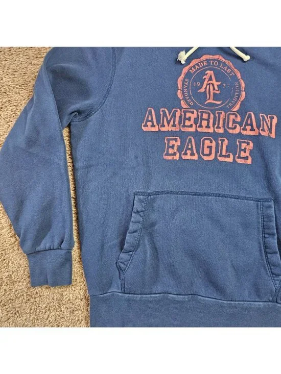 American Eagle Sweatshirt Mens M Blue Pullover Hoodie Logo Athletic Fit Casual - Picture 8 of 12